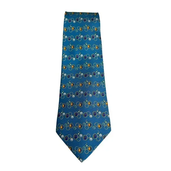 Salvatore Ferragamo Silk Neck Tie Goldfish Bubbles Pattern Teal Men's Neckwear - Picture 12 of 12